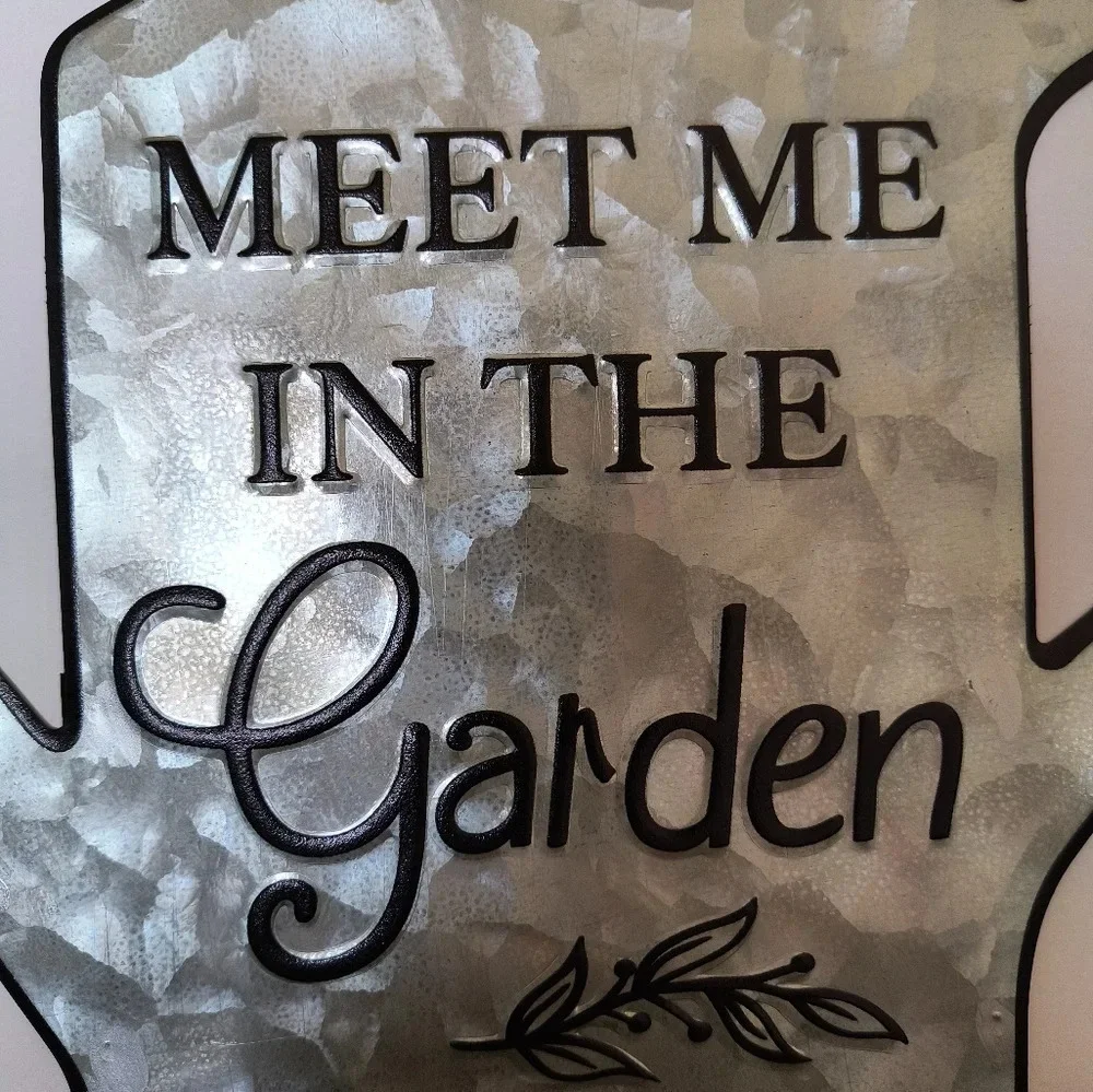 Shiny pink watering can wall sign Meet Me in the Garden home decor
